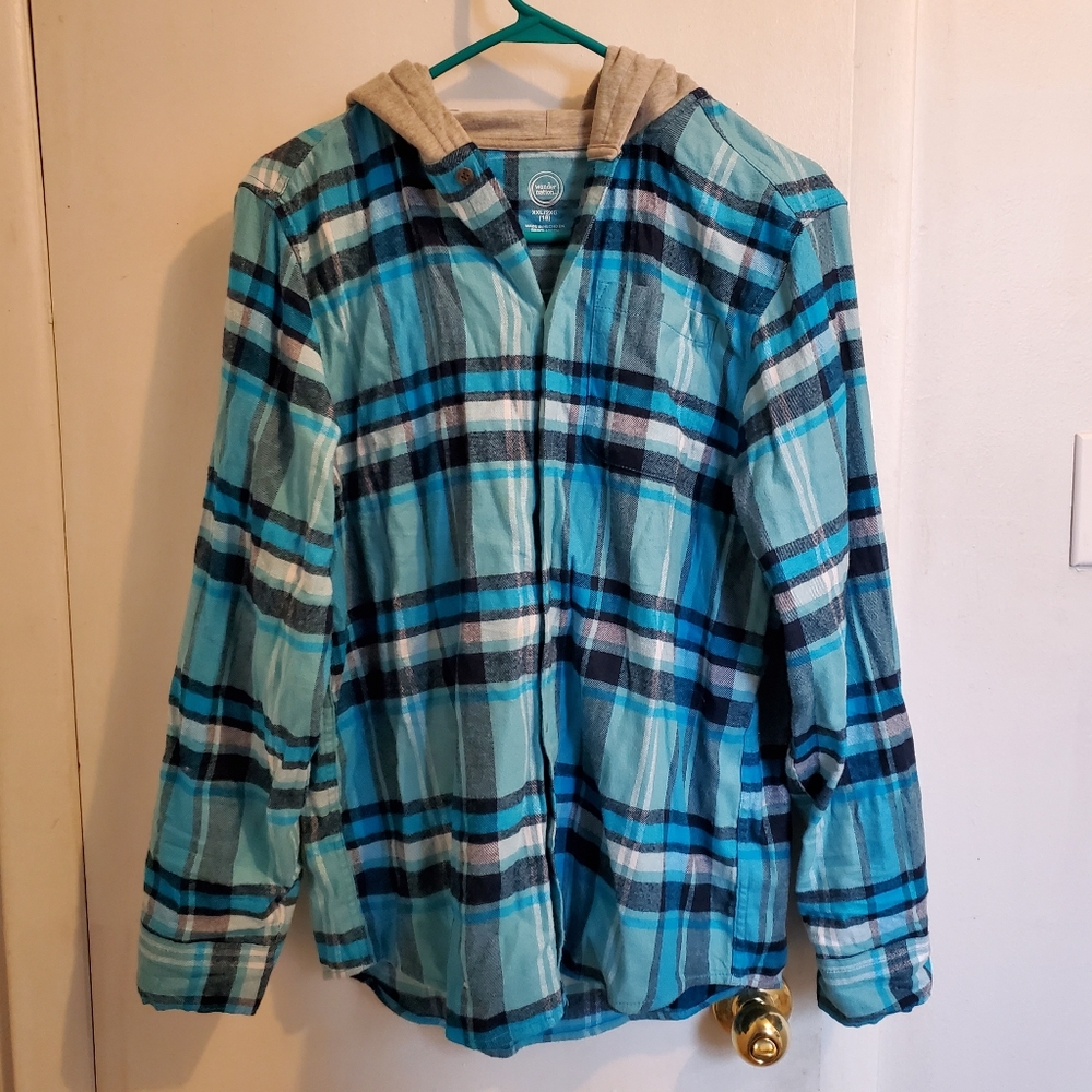 Men's blue plaid flannel with hood